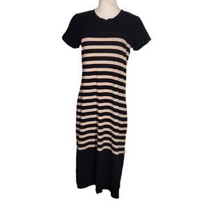 J. Crew Black & Beige Striped Midi Dress Short Sleeve Cotton Womens Size M